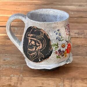 Unique Handmade Ceramic Coffee Mug 4.5" Speckled Floral Etched Skull Design
